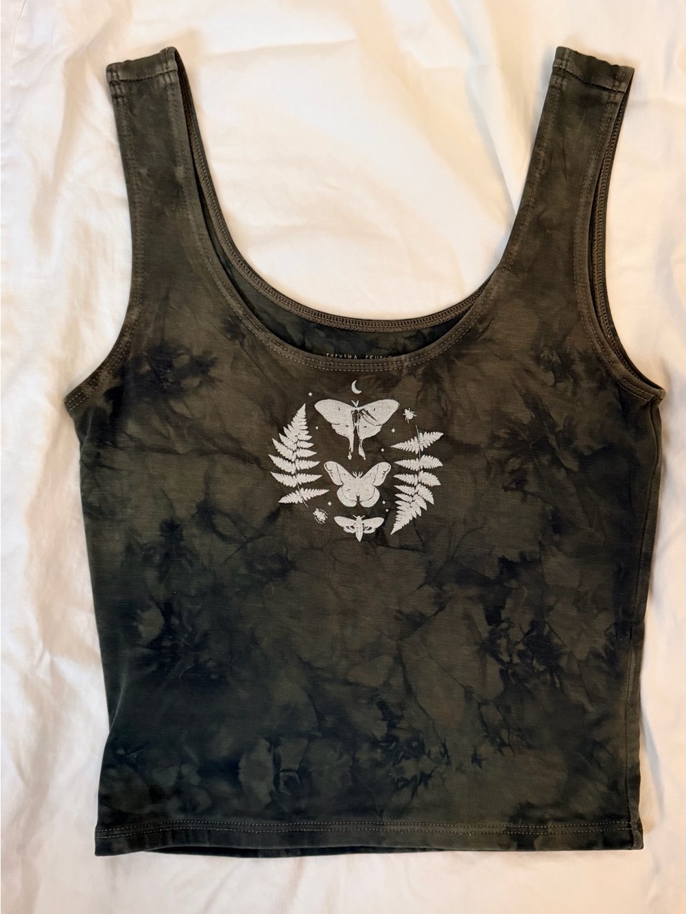 XS Purusha People Forest Green Tie-Dye Tank Top with White Moth & Fern Graphic
